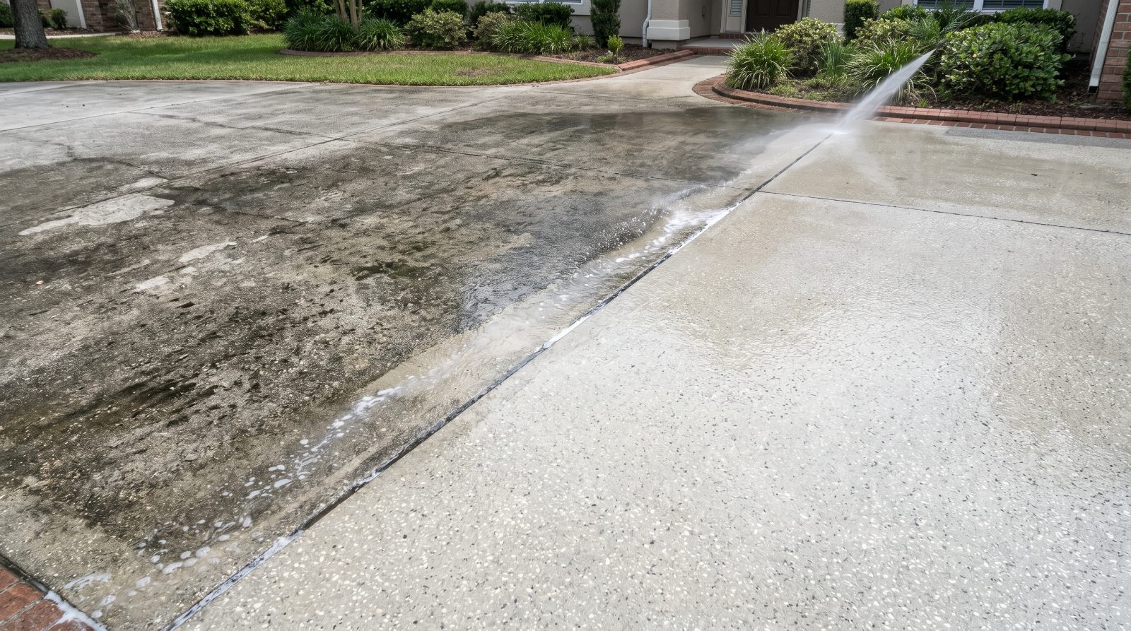 A concrete driveway mid-clean: dirty, stained concrete on one side and bright, spotless concrete on the other