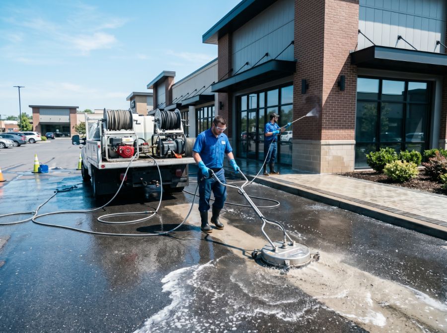 Commercial pressure washing of a storefront and parking lot