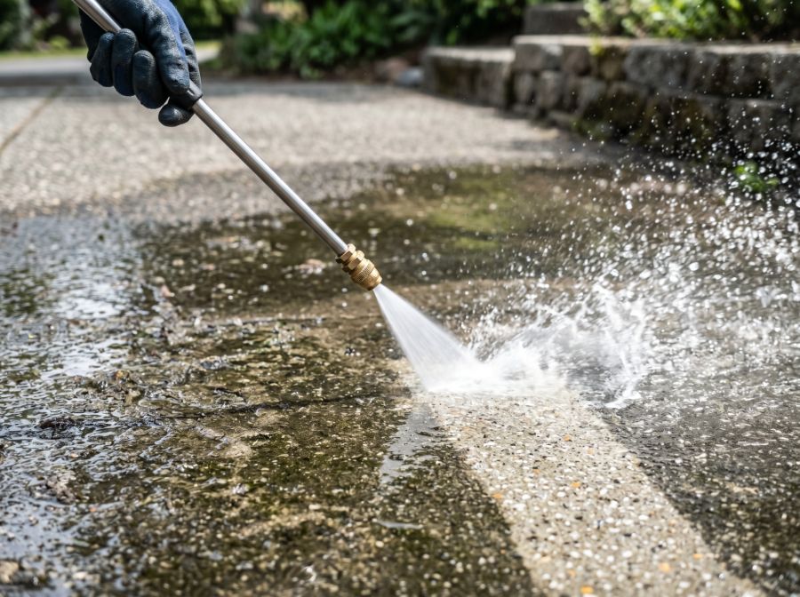 Pressure washing a concrete path clean